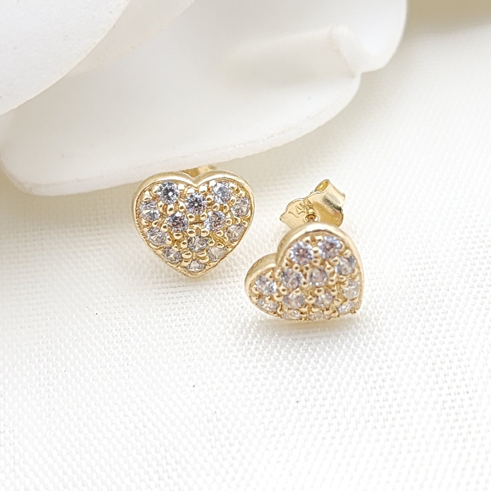 14k Gold Pave CZ Heart Stud Earrings - Single or Pair - Real 14k Gold - Modern Fine Jewelry