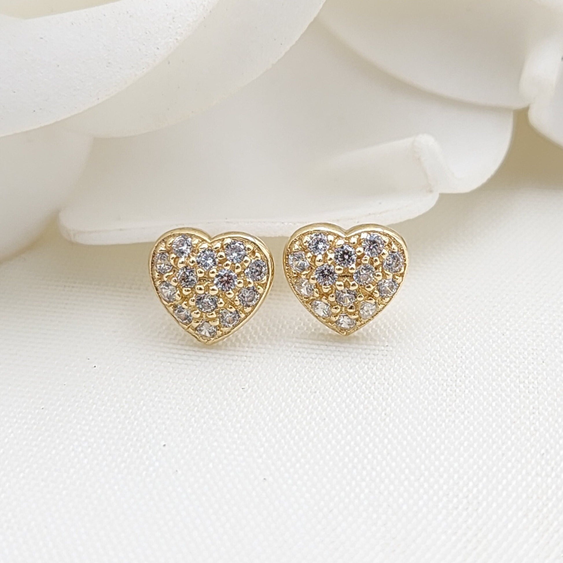 14k Gold Pave CZ Heart Stud Earrings - Single or Pair - Real 14k Gold - Modern Fine Jewelry