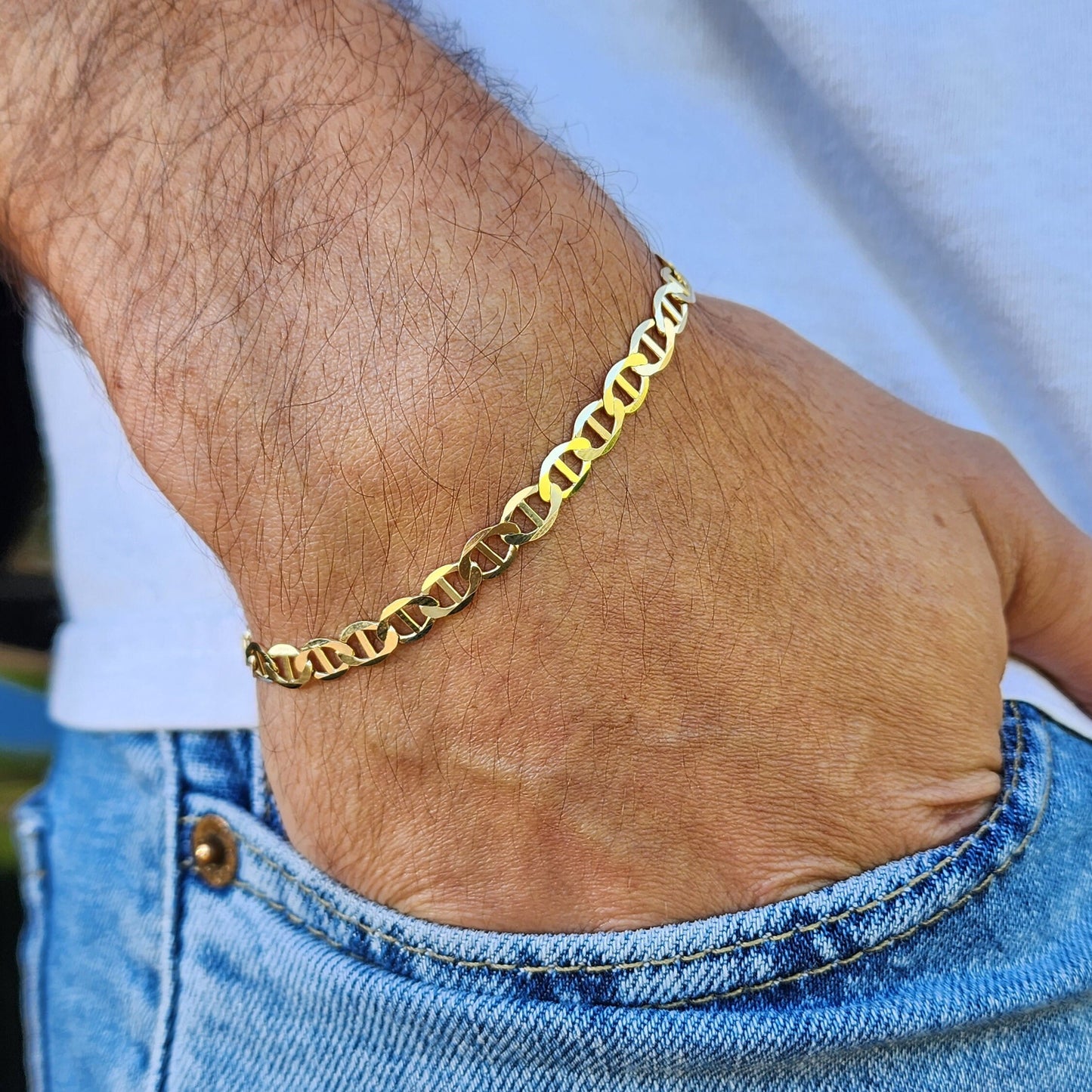 Solid 14k Gold 4MM Mariner Bracelet - 7.5 Inches - Unisex - Perfect Gift - Real Gold - Fine Jewelry -Shiny and Everlasting