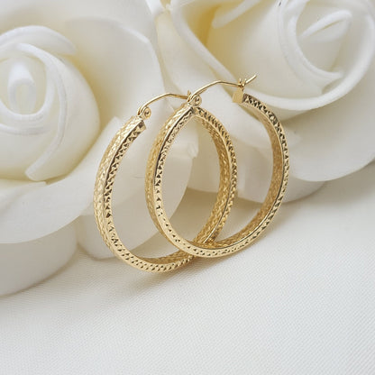 Real 14k Gold Square Diamond Cut Hoop Earrings - 30mm Diameter - Shiny And Modern - Perfect Gift - Birthday, Mother's day, Anniversary