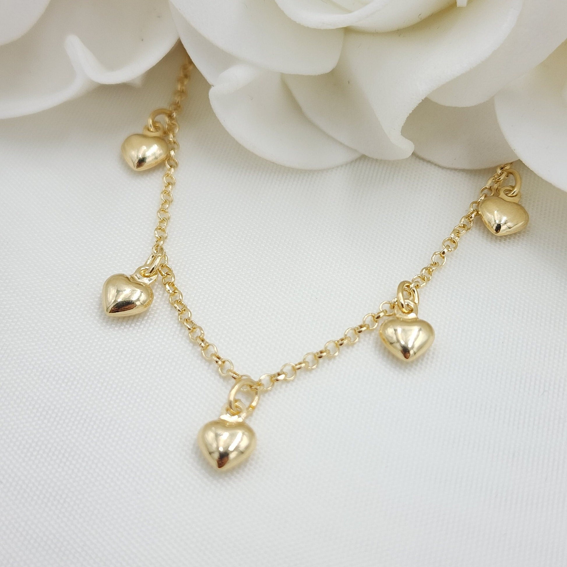 Solid 14k Gold Hanging Hearts Bracelet - Rolo Link - For Her - 7 Inches - Fine Jewelry