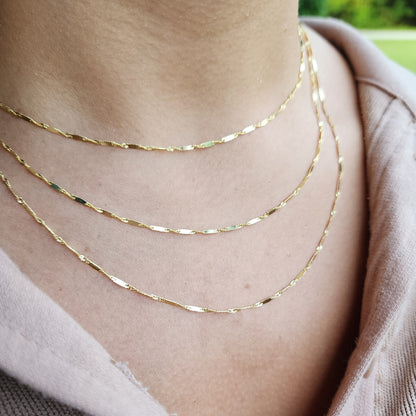 Solid 14k Gold Singapore Bar Chains - For Girls and Women - Dainty Chain - Very Sparkling - Real 14k Gold Necklaces - 14" to 24" Inches