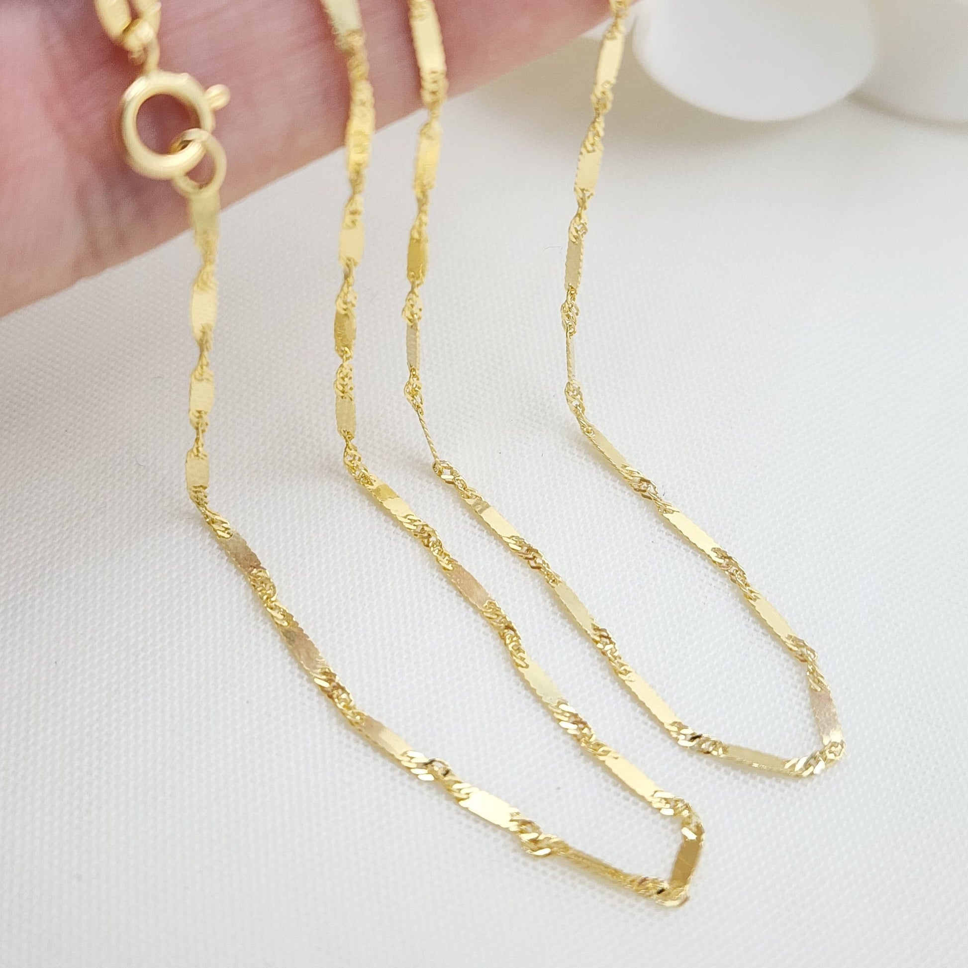 Solid 14k Gold Singapore Bar Chains - For Girls and Women - Dainty Chain - Very Sparkling - Real 14k Gold Necklaces - 14" to 24" Inches