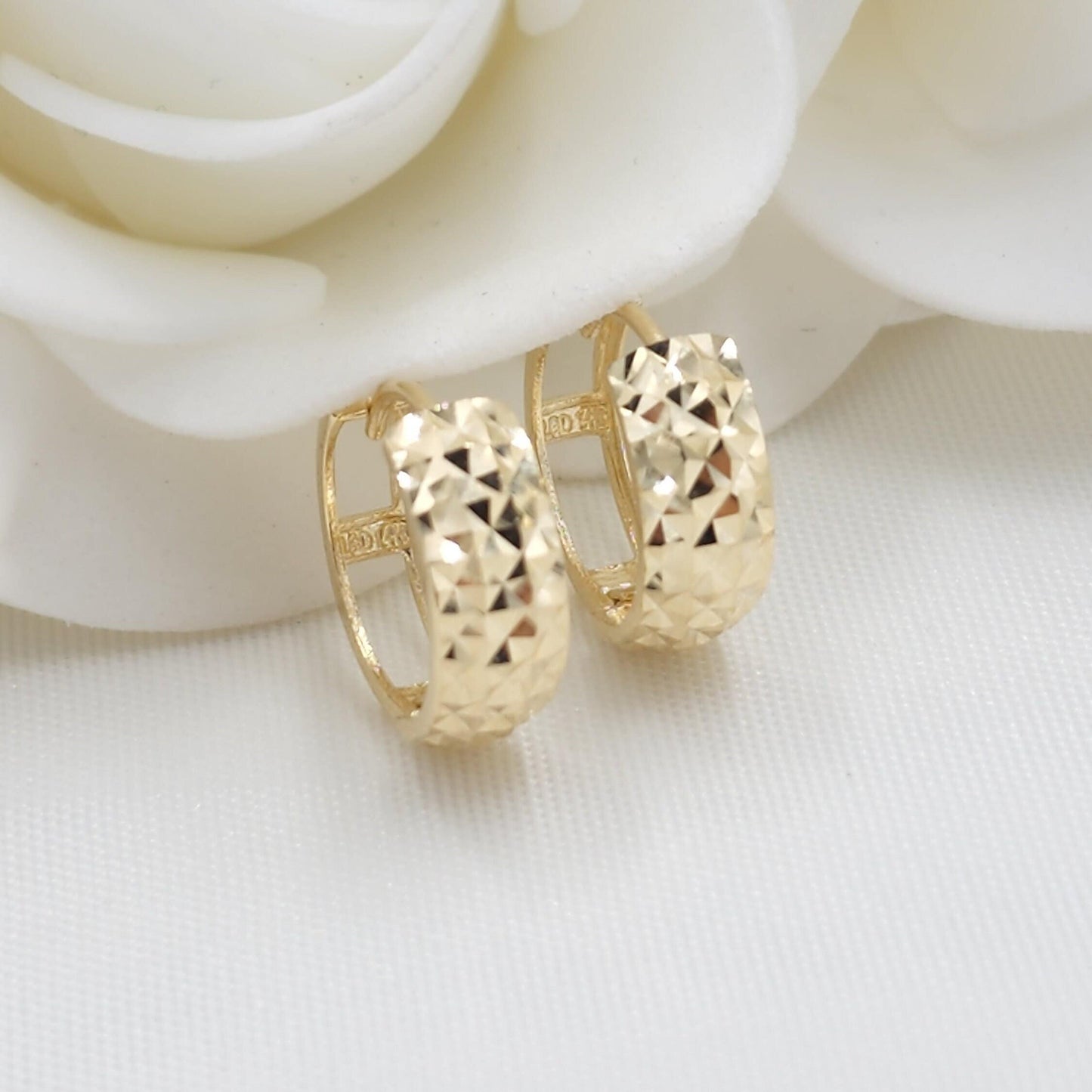 Shiny Solid 14k Gold Diamond Cut Huggies Earrings , Sparkling and Modern, Fine Jewelry For Her