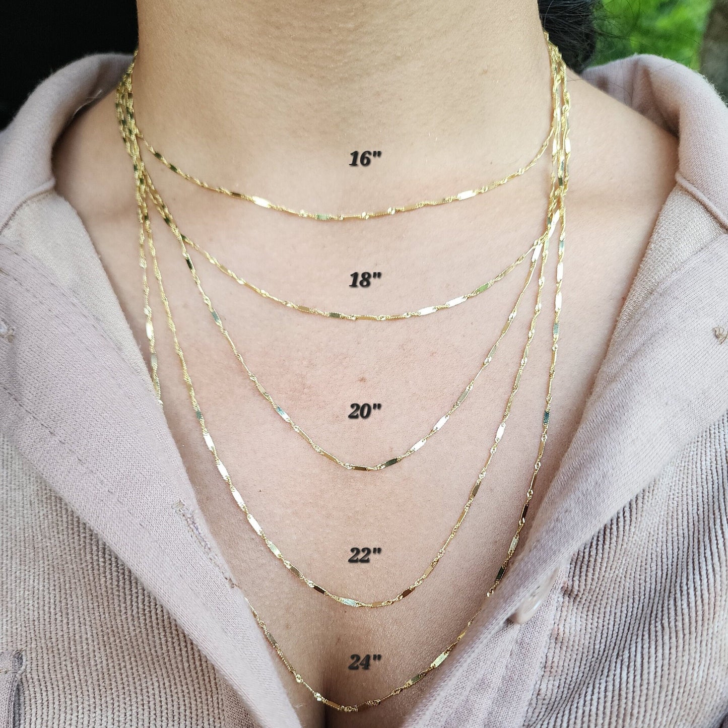 Solid 14k Gold Singapore Bar Chains - For Girls and Women - Dainty Chain - Very Sparkling - Real 14k Gold Necklaces - 14" to 24" Inches