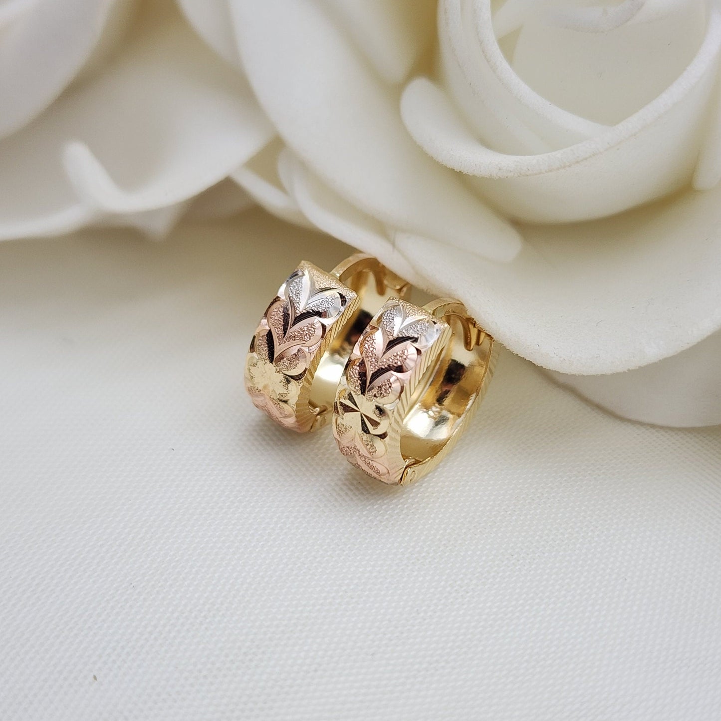 Solid 14k Gold Tricolor Diamond Cut Huggie Earrings - 15mm - 5mm Thick - Shiny - Perfect for Girls and women