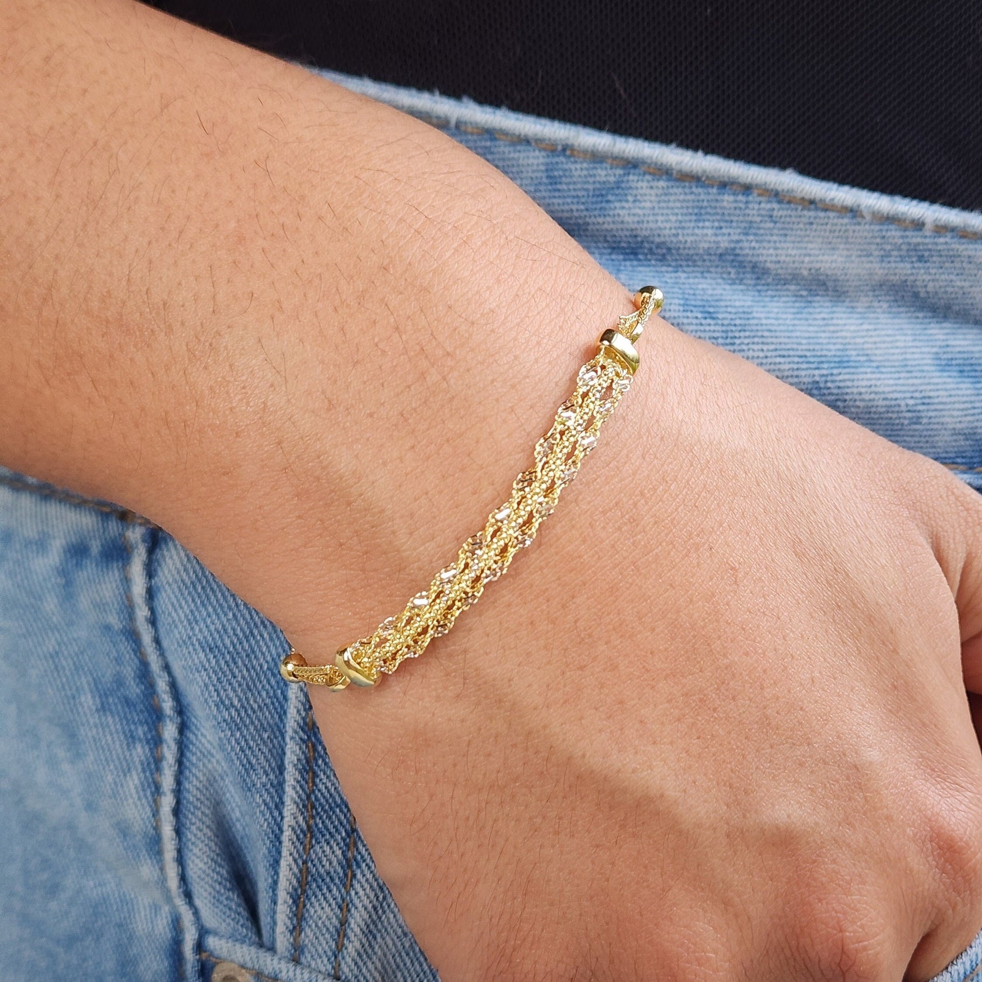 Solid 14k Gold Shiny Adjustable Bracelet - 5.5" to 7.5" - Versatile And Modern - Perfect Gift - Very Shiny and Sparkling