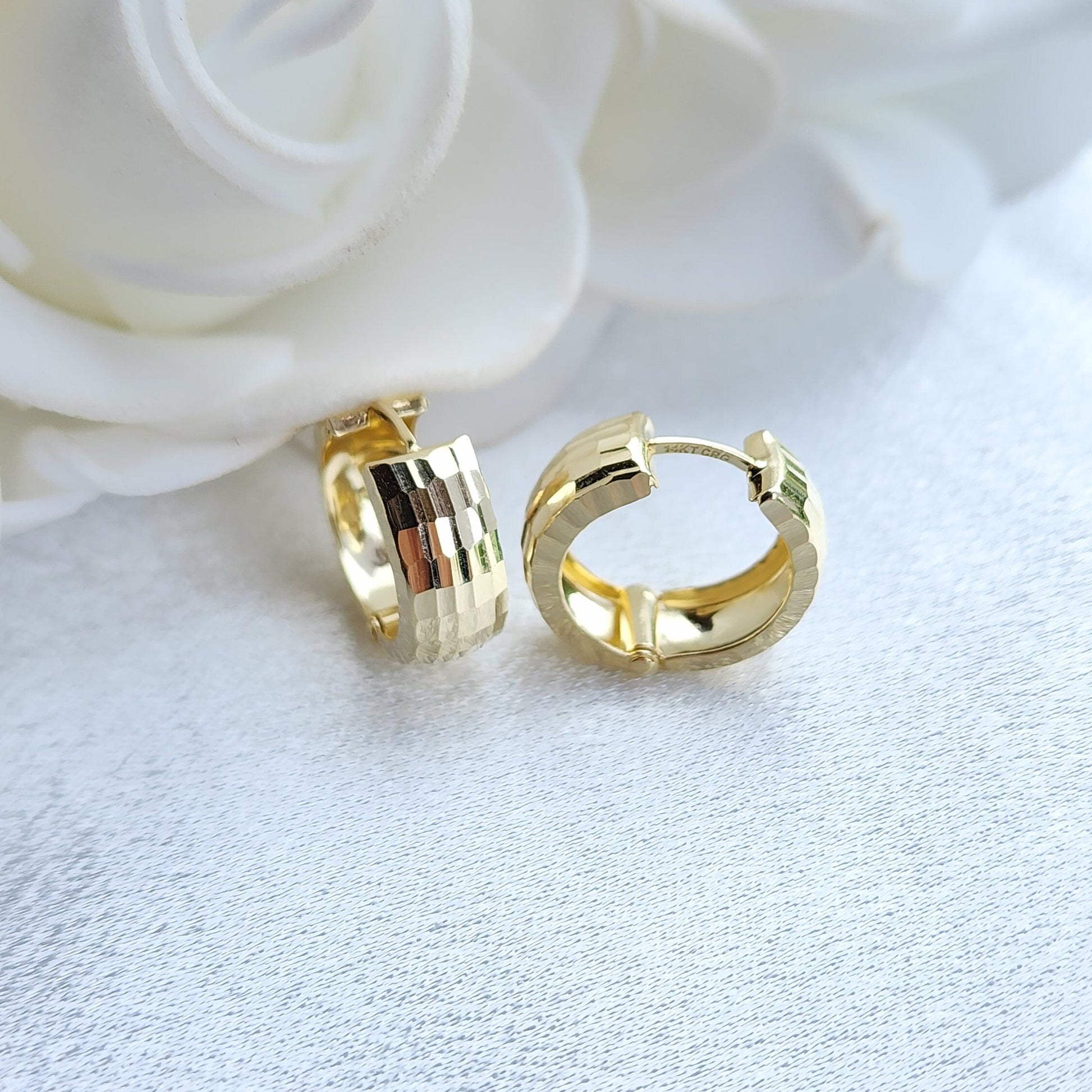 14k Solid Gold Mirror Huggies Earrings - 6mm Thick - Polished Thick Small Hoops - Perfect For Her