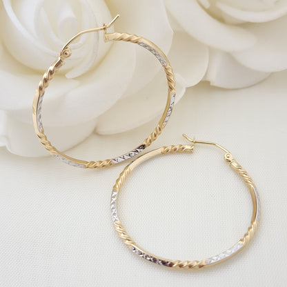 Real 14k Gold Diamond Cut Twisted Hoop Earrings - 20MM, 35MM, 45MM - For Her