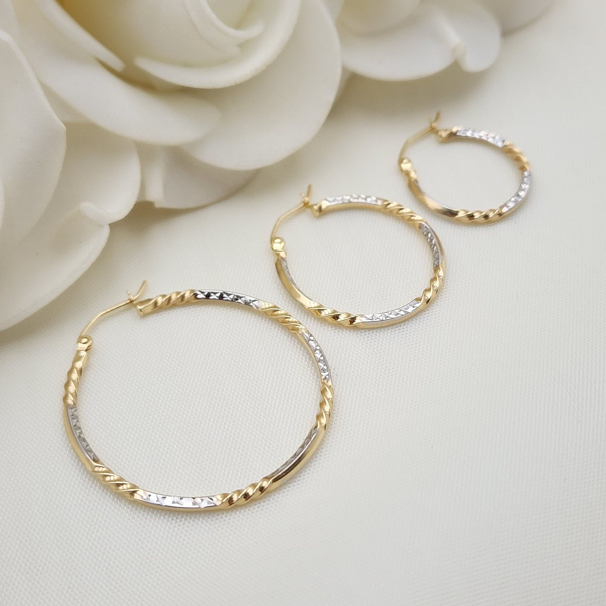 Real 14k Gold Diamond Cut Twisted Hoop Earrings - 20MM, 35MM, 45MM - For Her