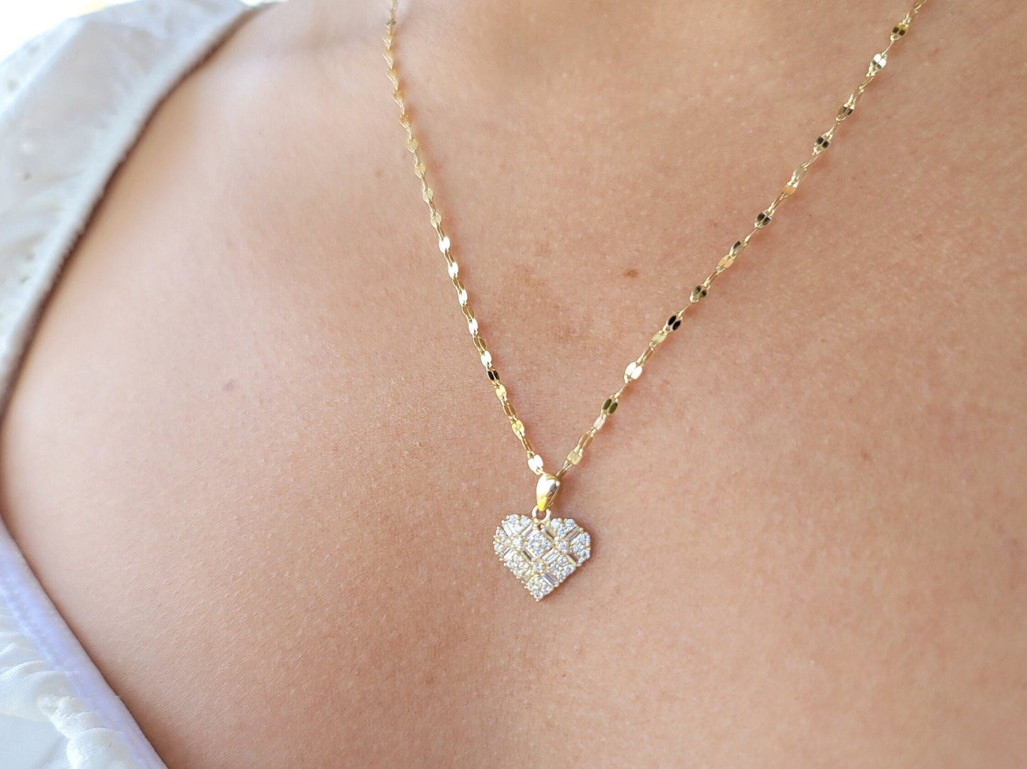 Solid 14k Gold Mosaic Heart CZ Necklace - Mirror Chain - 16, 18, 20 Inches - Gift for her