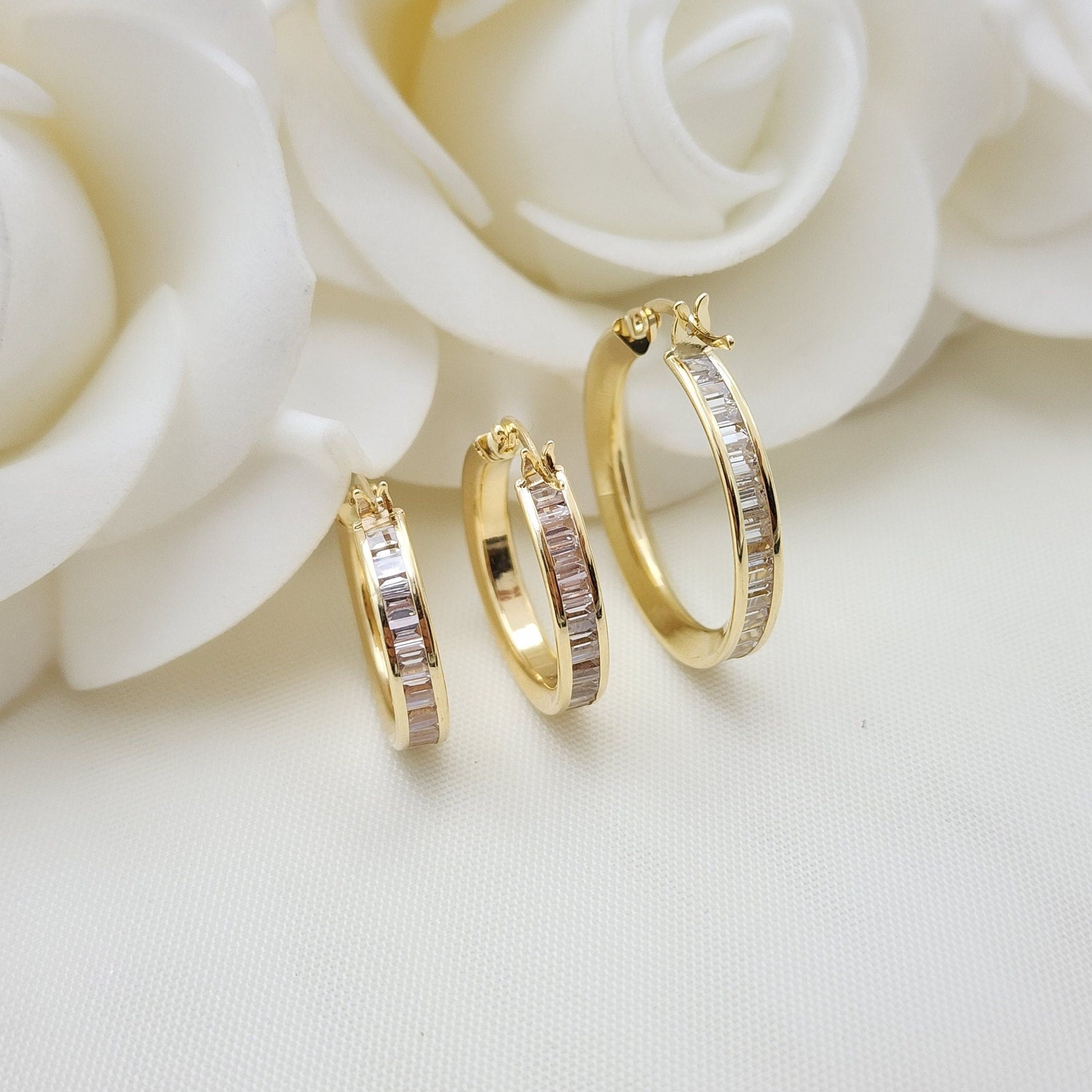 Real 14k Yellow Gold Bagguete CZ Hoop Earrings - 17mm, 19mm, 24mm - Channel Setting - Shiny and Modern