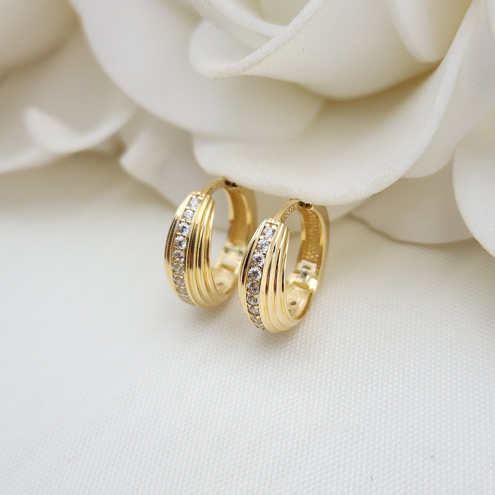 Solid 14k Gold Huggies Earrings - 14mm- 5mm thick - Small Hoops - Simulated Diamonds - Elegant & Everlasting