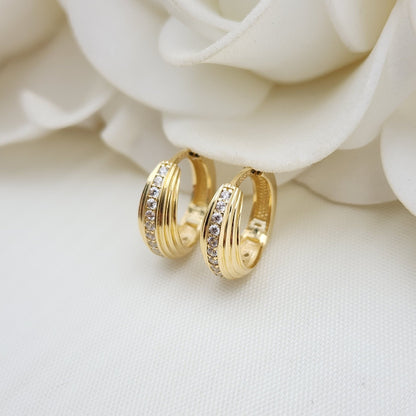 Solid 14k Gold Huggies Earrings - 14mm- 5mm thick - Small Hoops - Simulated Diamonds - Elegant & Everlasting