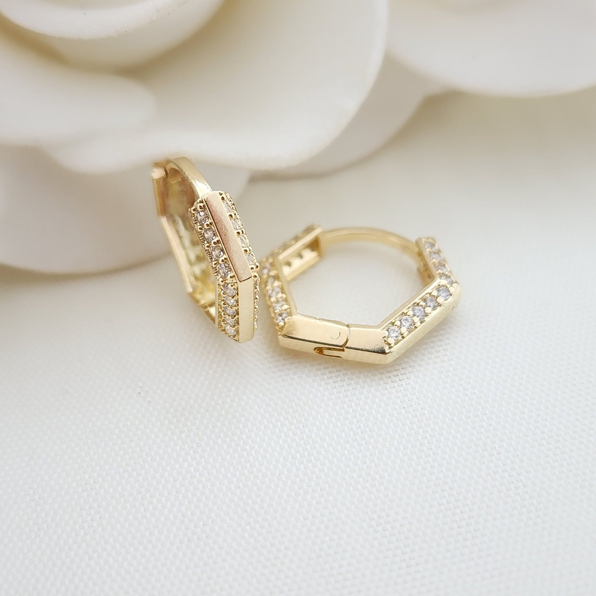 Solid 14k Gold Hexagon Pave CZ Huggies Earrings - Perfect For Everyday - Wear It Solo Or Add It To Your Earrings Set - 16mm