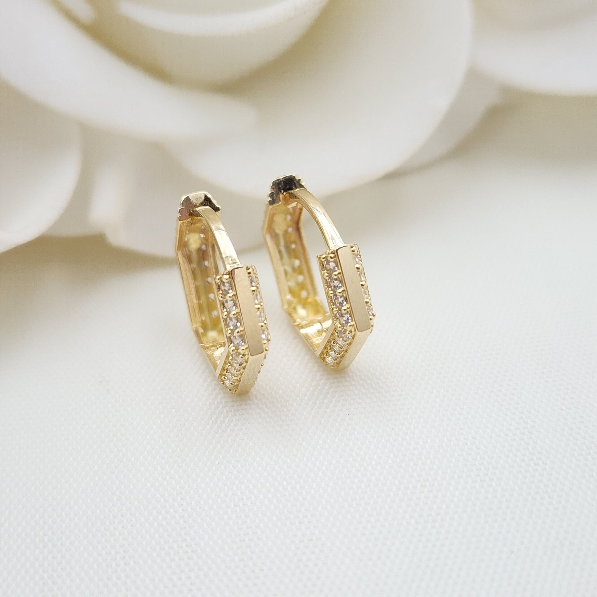 Solid 14k Gold Hexagon Pave CZ Huggies Earrings - Perfect For Everyday - Wear It Solo Or Add It To Your Earrings Set - 16mm