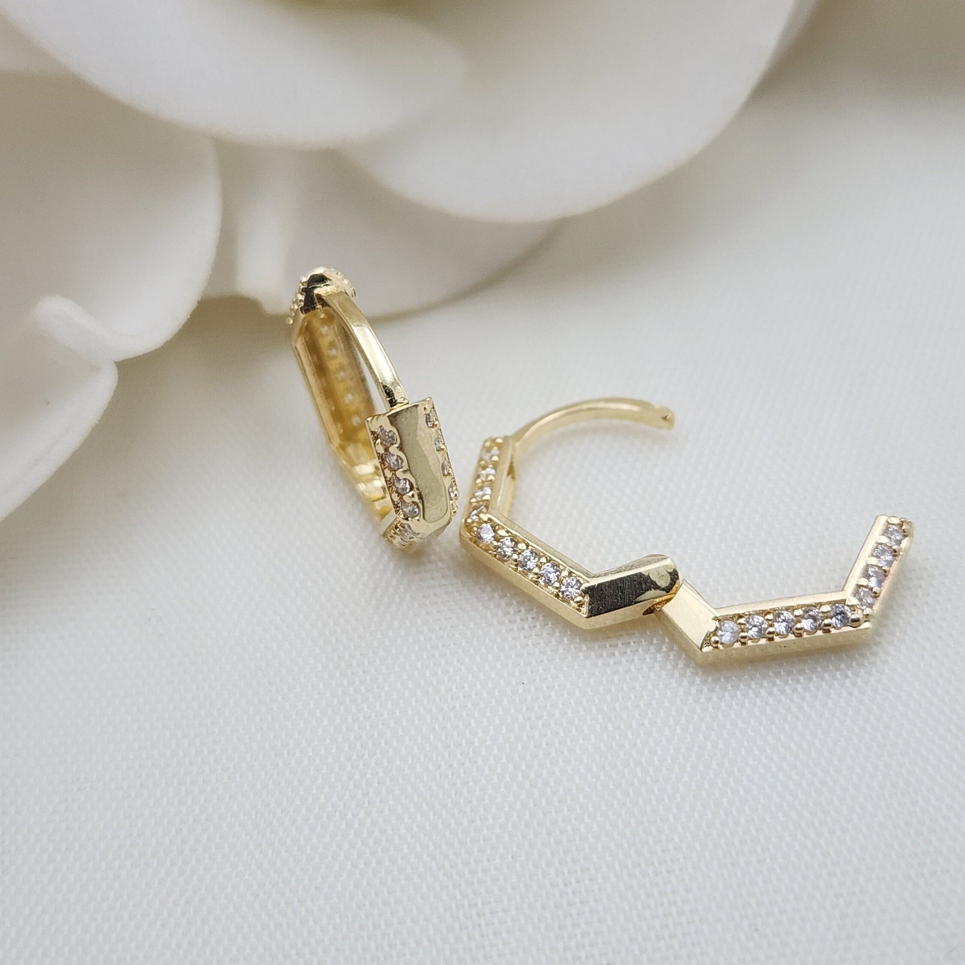 Solid 14k Gold Hexagon Pave CZ Huggies Earrings - Perfect For Everyday - Wear It Solo Or Add It To Your Earrings Set - 16mm