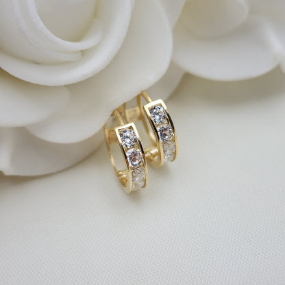 Solid 14k Gold CZ Huggies Earrings - 15MM - Channel Setting - Shiny & Modern - Perfect