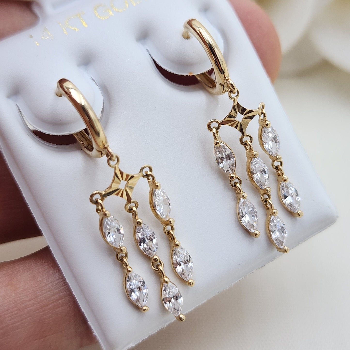 Solid 14k Gold Hanging CZ Huggies Earrings - Real 14k Gold - Modern & Fancy - Marquise