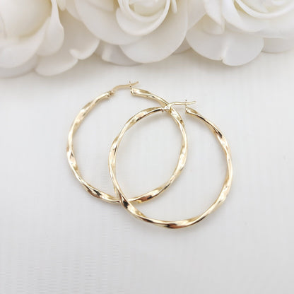 Real 14k Gold 3mm Twisted Hoops Earrings - 50mm - Real Gold - Fine Modern Jewelry For Her - Perfect Birthday, Anniversary Gift