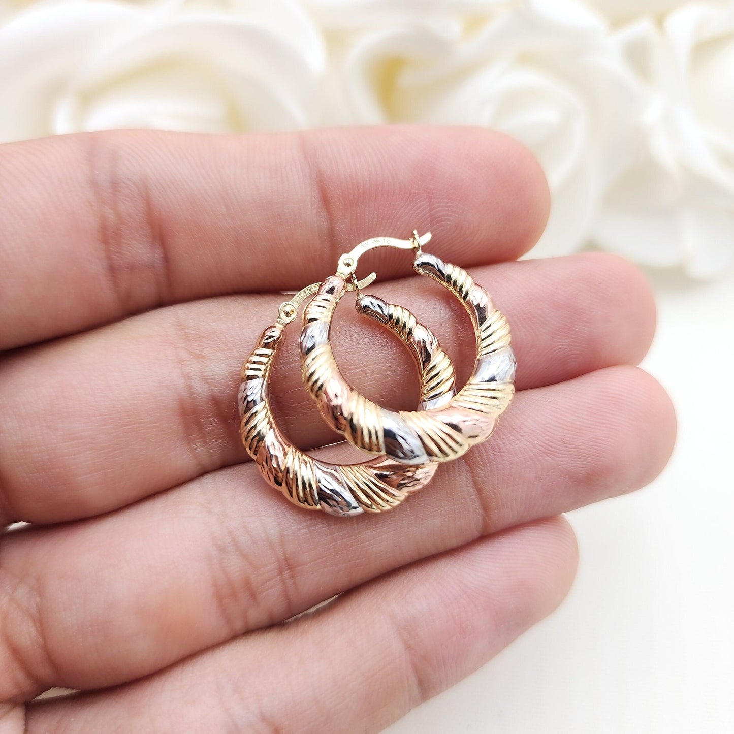 14k Tricolor Gold Croissant Hoop Earrings - 22mm - 3.5mm Thick - Shiny & Modern - Perfect Gift For Her -