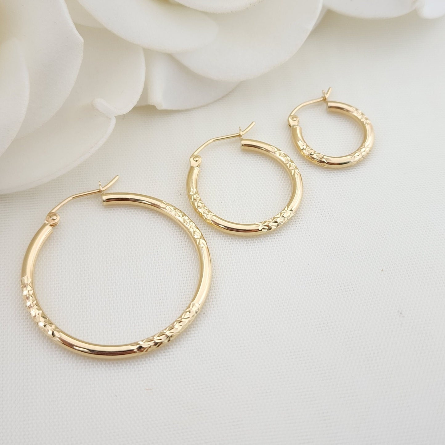 14k Gold Diamond Cut 2MM Hoops Tubes Earrings - 30mm, 20mm, 15mm - Real 14k - Lightweight & Everlasting - Perfect For Women and girls