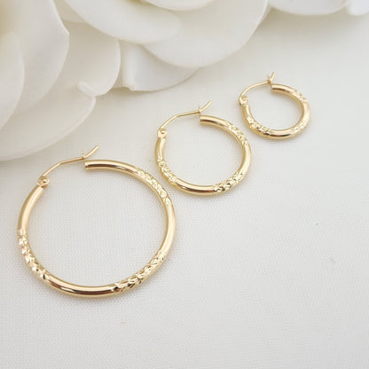 14k Gold Diamond Cut 2MM Hoops Tubes Earrings - 30mm, 20mm, 15mm - Real 14k - Lightweight & Everlasting - Perfect For Women and girls