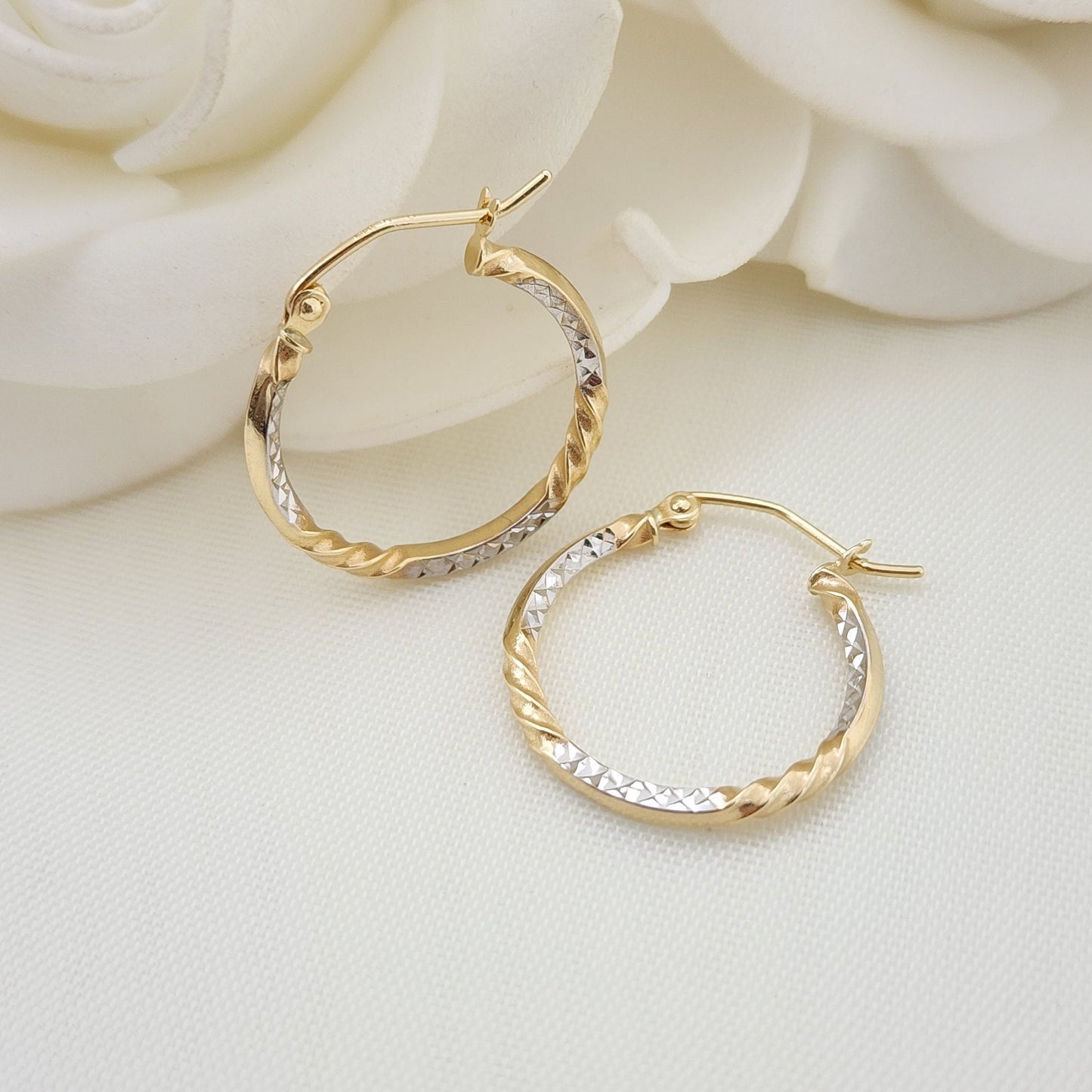 Real 14k Gold Diamond Cut Twisted Hoop Earrings - 20MM, 35MM, 45MM - For Her