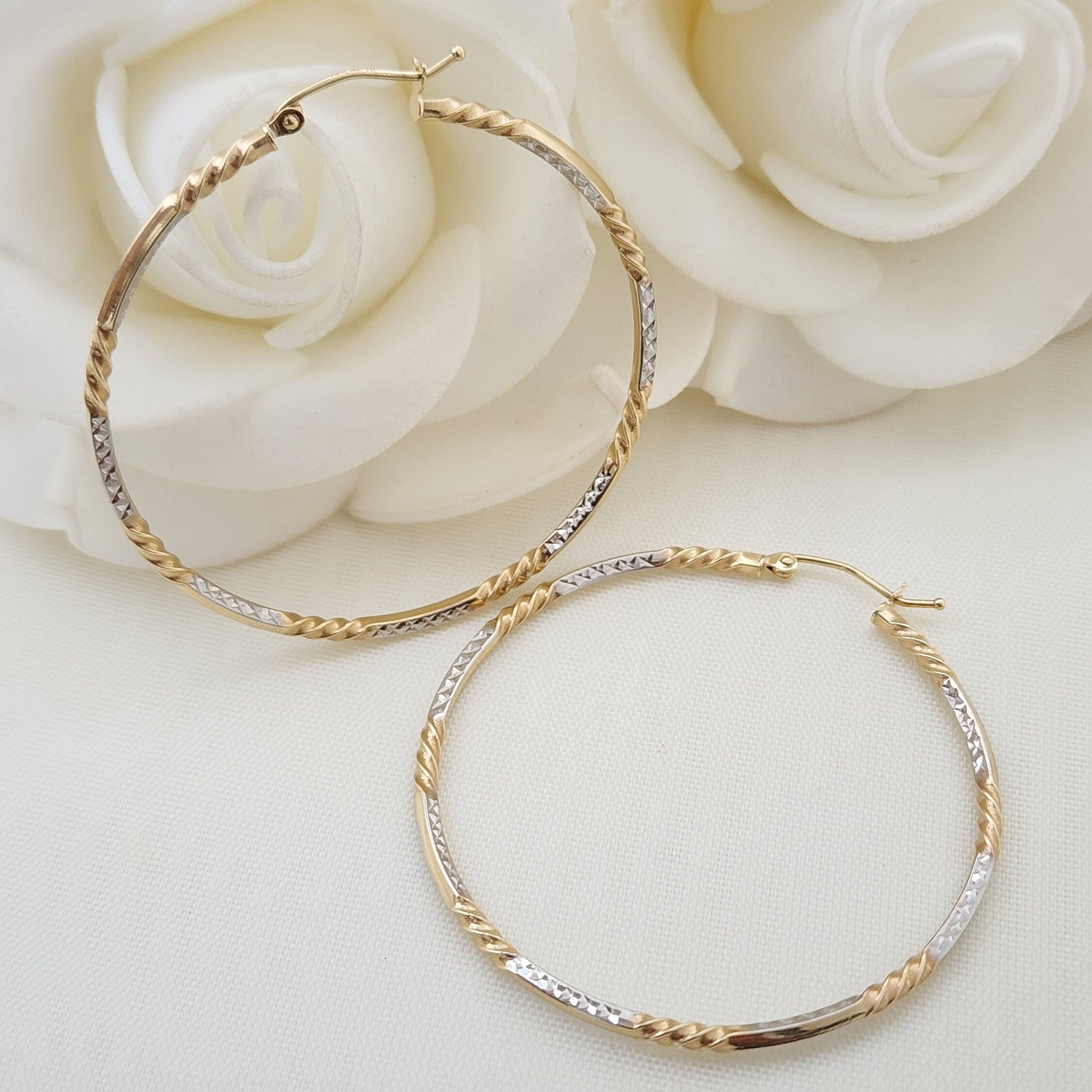 Real 14k Gold Diamond Cut Twisted Hoop Earrings - 20MM, 35MM, 45MM - For Her