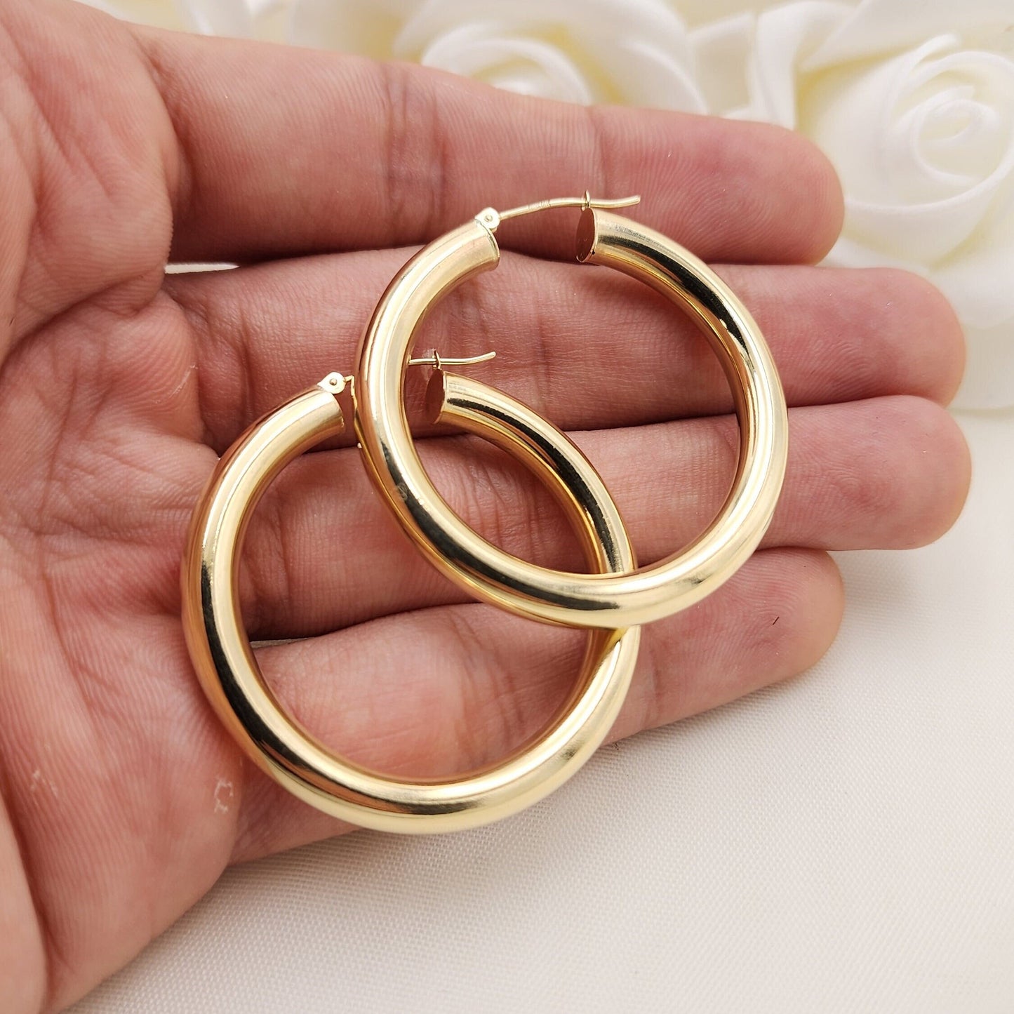 Real 14k Gold 5MM Chubby Hoop Earrings - 40MM - Polished Hoops - Perfect Gift