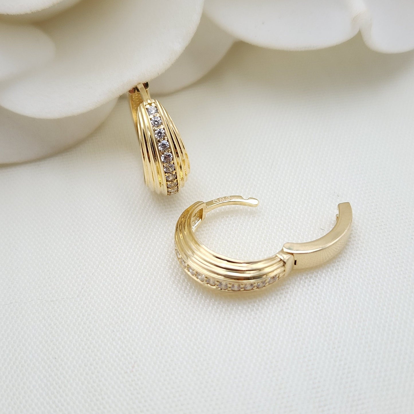 Solid 14k Gold Huggies Earrings - 14mm- 5mm thick - Small Hoops - Simulated Diamonds - Elegant & Everlasting