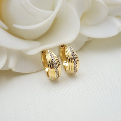 Solid 14k Gold Huggies Earrings - 14mm- 5mm thick - Small Hoops - Simulated Diamonds - Elegant & Everlasting