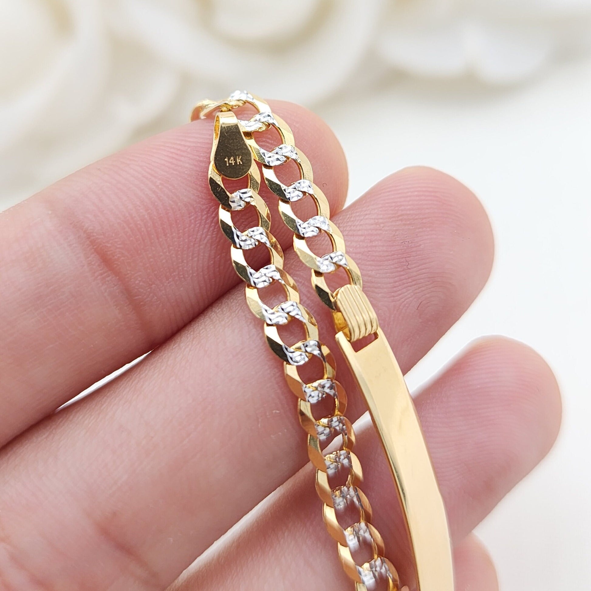 Solid 14k Gold Diamond Cut Curb Cuban Link ID Bracelet - Personalized Bracelet - 7 Inches - 4.9MM - 100% Real Gold