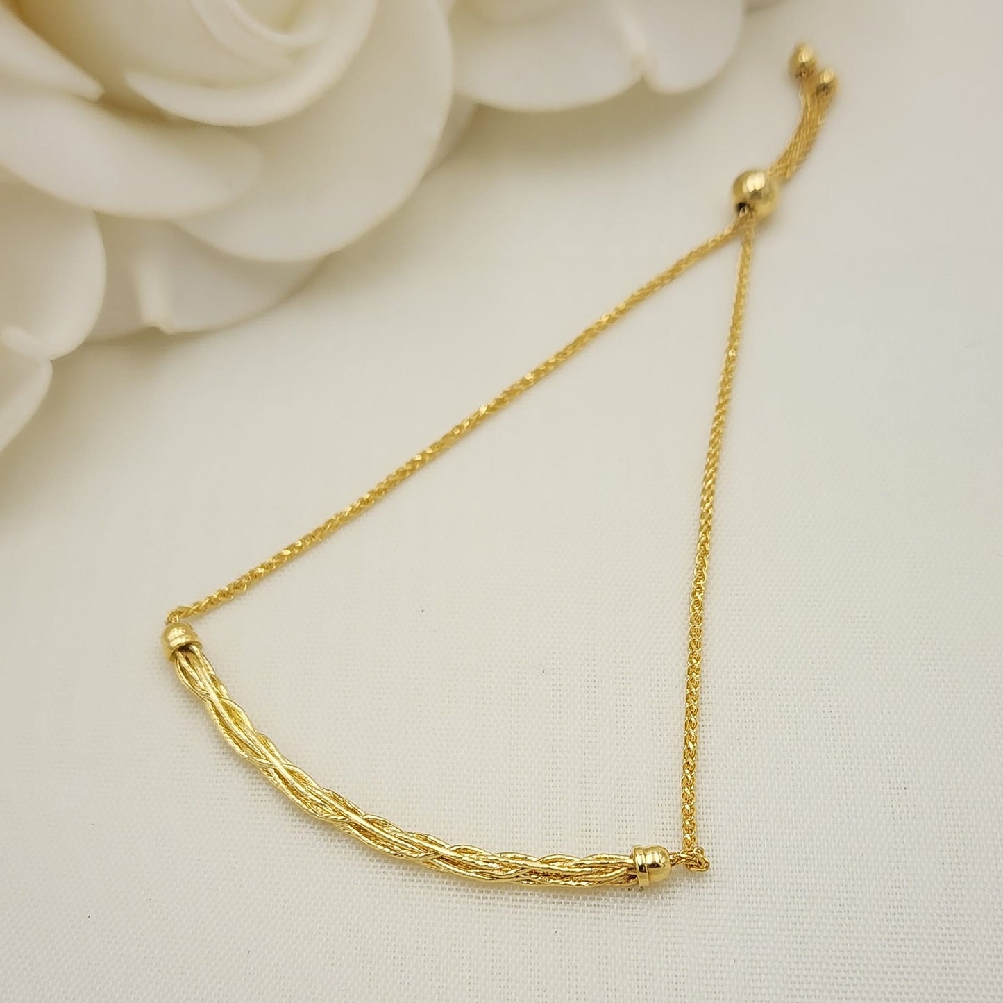 Solid 14k Gold Dainty Twisted Bracelet - Fully adjustable - 7.5 to 5.5 Inches - Shiny & Minimalist