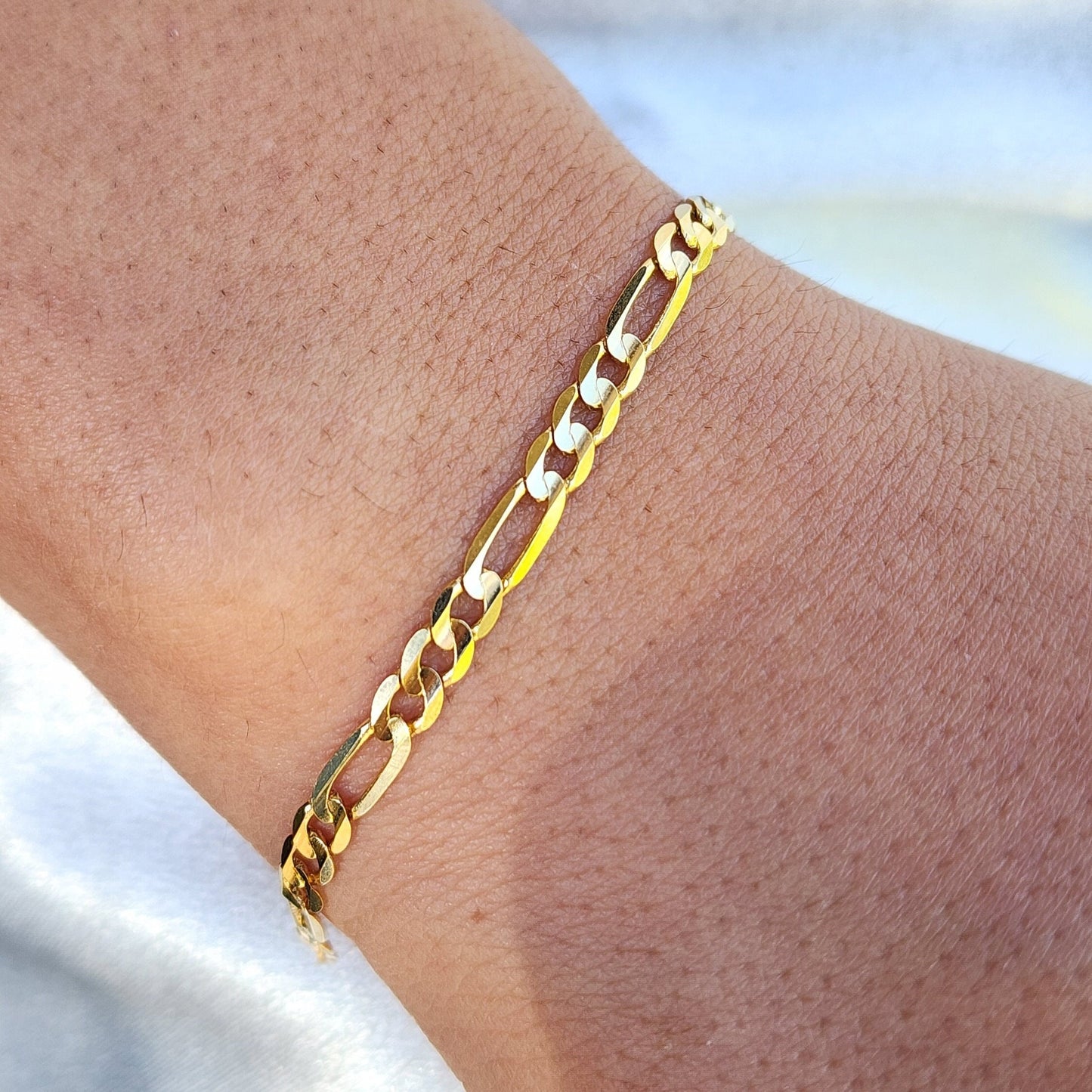 Solid 14k Gold Close Link Figaro Bracelet - 7.5 Inches - 3.9mm - Unisex - Real 14k Gold