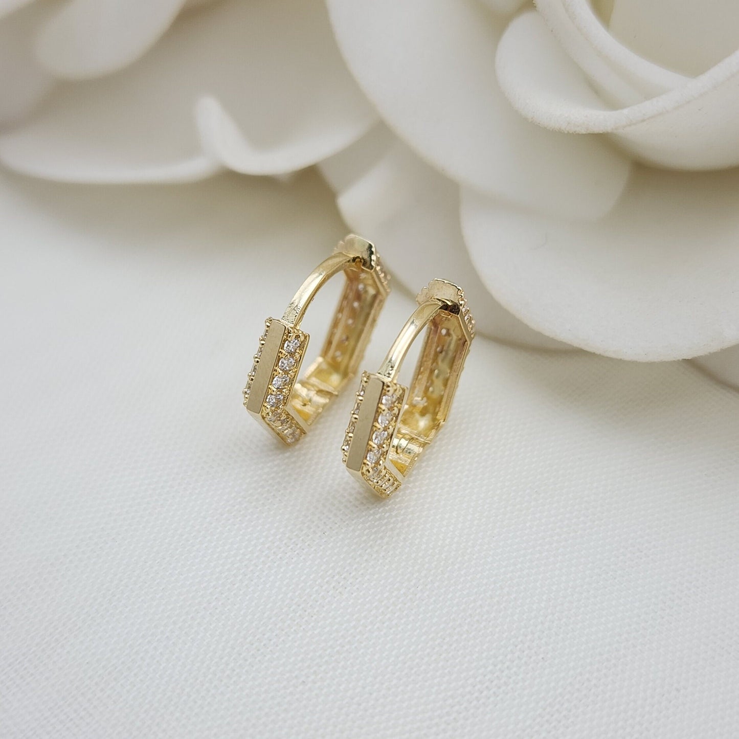 Solid 14k Gold Hexagon Pave CZ Huggies Earrings - Perfect For Everyday - Wear It Solo Or Add It To Your Earrings Set - 16mm