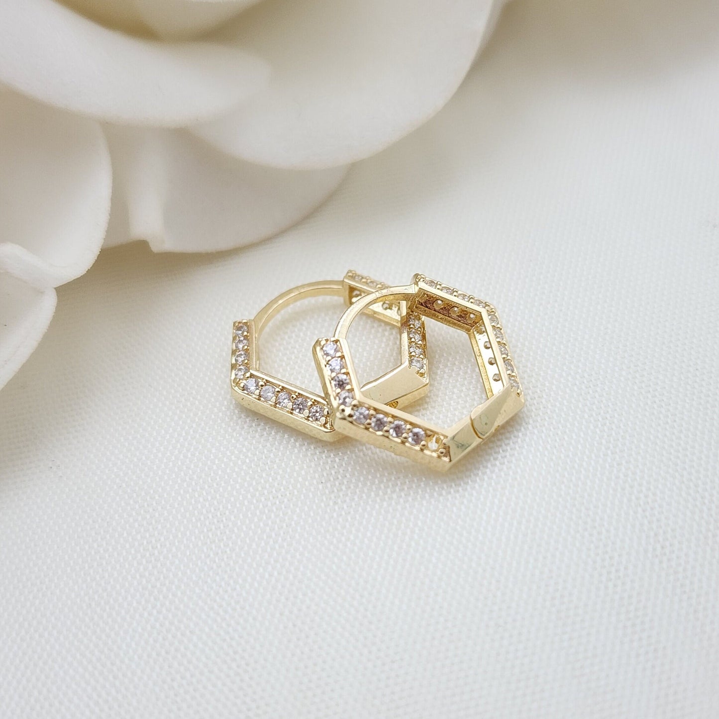 Solid 14k Gold Hexagon Pave CZ Huggies Earrings - Perfect For Everyday - Wear It Solo Or Add It To Your Earrings Set - 16mm