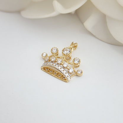 Solid 14k Gold 3D Crown Charm Necklace - Dainty Box Chain - Cubic Zirconia - Perfect For Her - Fancy & Shiny