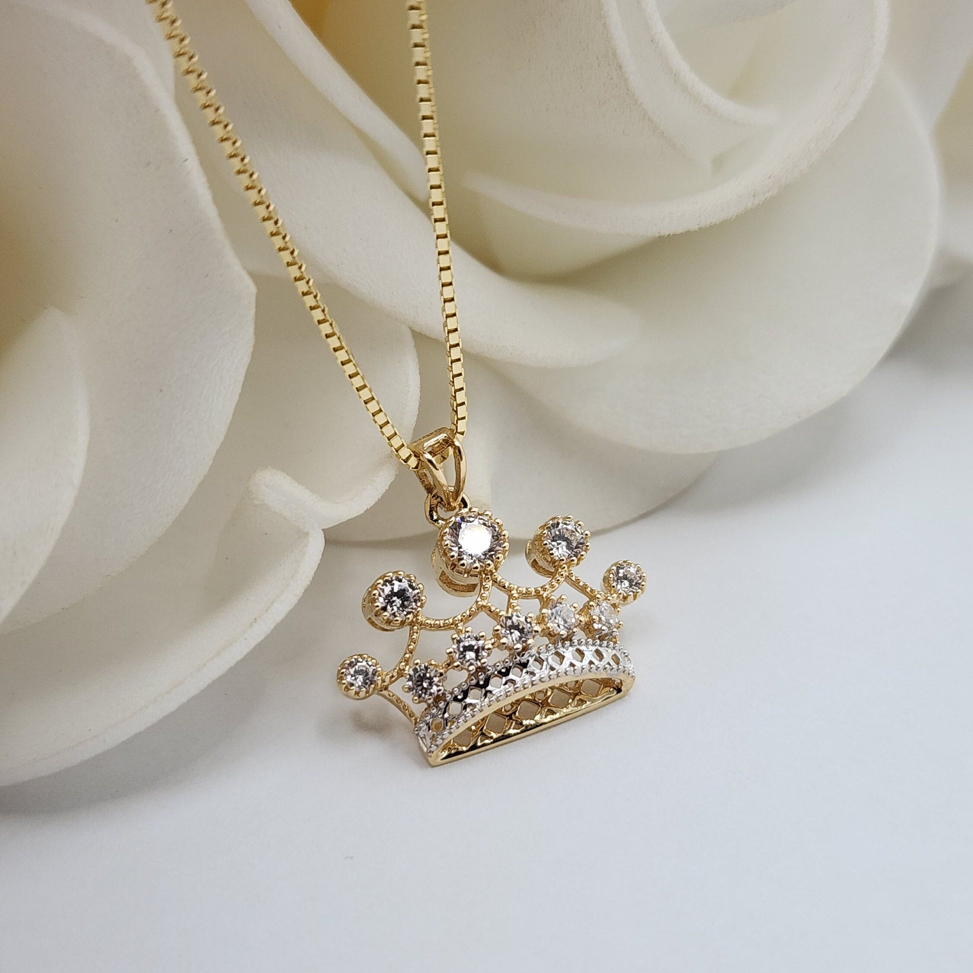 Solid 14k Gold 3D Crown Charm Necklace - Dainty Box Chain - Cubic Zirconia - Perfect For Her - Fancy & Shiny