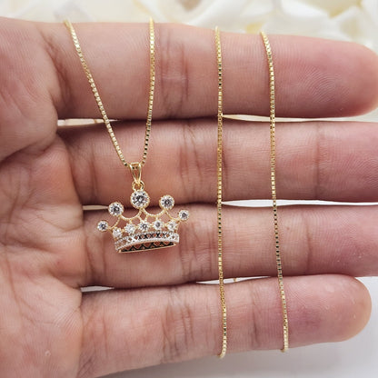 Solid 14k Gold 3D Crown Charm Necklace - Dainty Box Chain - Cubic Zirconia - Perfect For Her - Fancy & Shiny