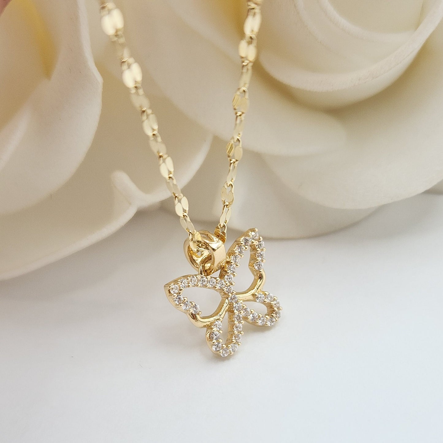 Solid 14k Gold Butterfly Charm Necklace - Curved Mirror Chain - CZ - Shiny & Sparkling - Perfect Gift For Her