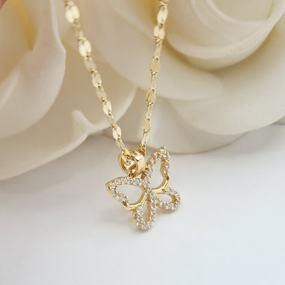 Solid 14k Gold Butterfly Charm Necklace - Curved Mirror Chain - CZ - Shiny & Sparkling - Perfect Gift For Her