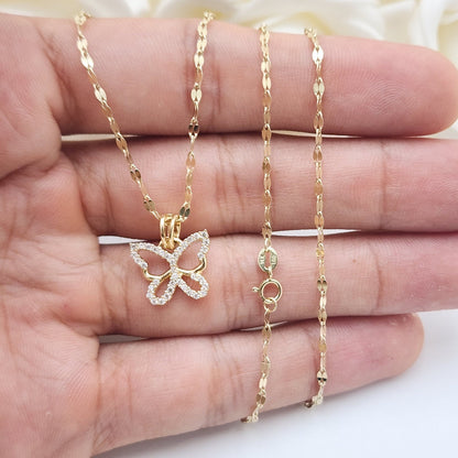 Solid 14k Gold Butterfly Charm Necklace - Curved Mirror Chain - CZ - Shiny & Sparkling - Perfect Gift For Her