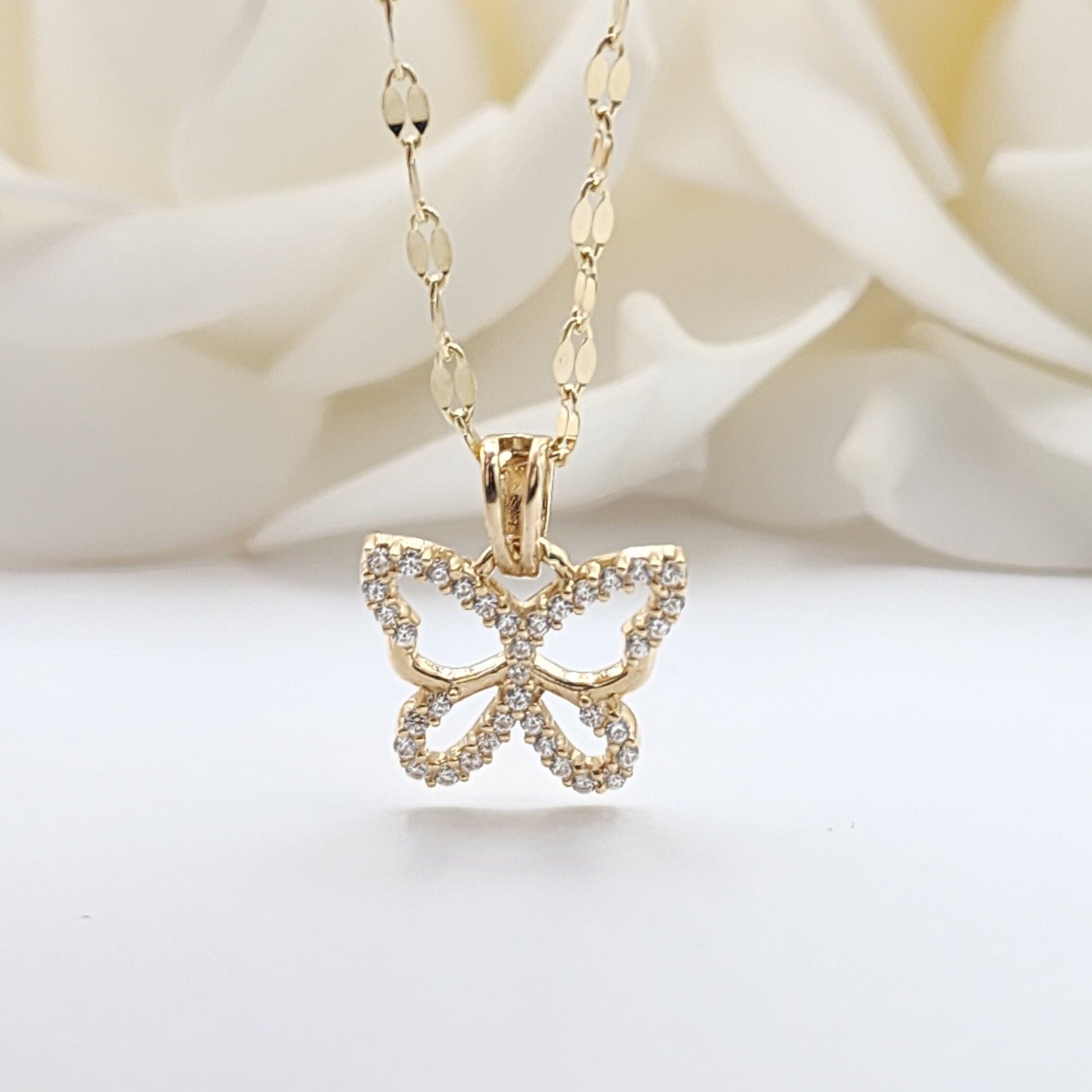 Solid 14k Gold Butterfly Charm Necklace - Curved Mirror Chain - CZ - Shiny & Sparkling - Perfect Gift For Her