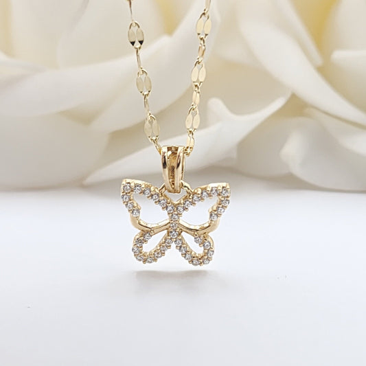 Solid 14k Gold Butterfly Charm Necklace - Curved Mirror Chain - CZ - Shiny & Sparkling - Perfect Gift For Her