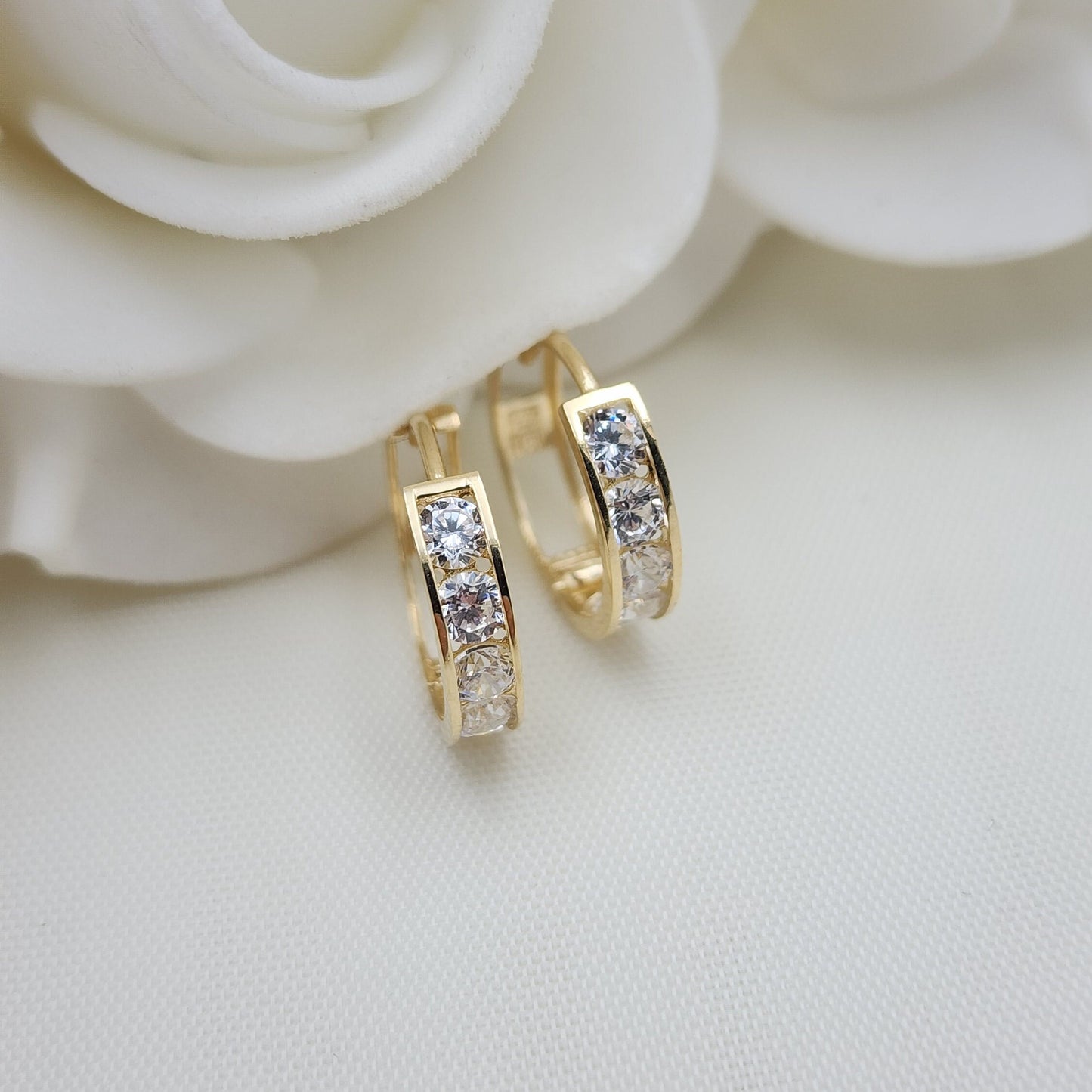 Solid 14k Gold CZ Huggies Earrings - 15MM - Channel Setting - Shiny & Modern - Perfect