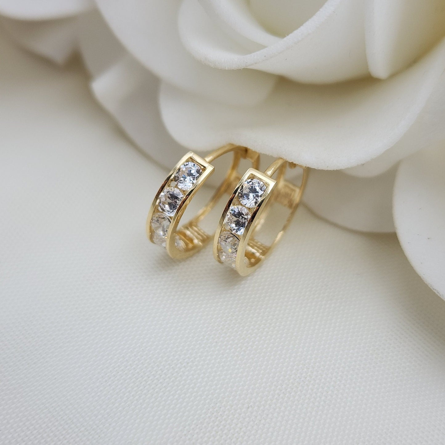 Solid 14k Gold CZ Huggies Earrings - 15MM - Channel Setting - Shiny & Modern - Perfect