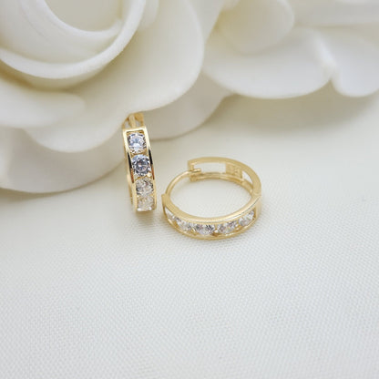 Solid 14k Gold CZ Huggies Earrings - 15MM - Channel Setting - Shiny & Modern - Perfect