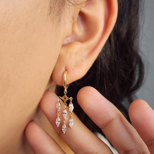 Solid 14k Gold Hanging CZ Huggies Earrings - Real 14k Gold - Modern & Fancy - Marquise