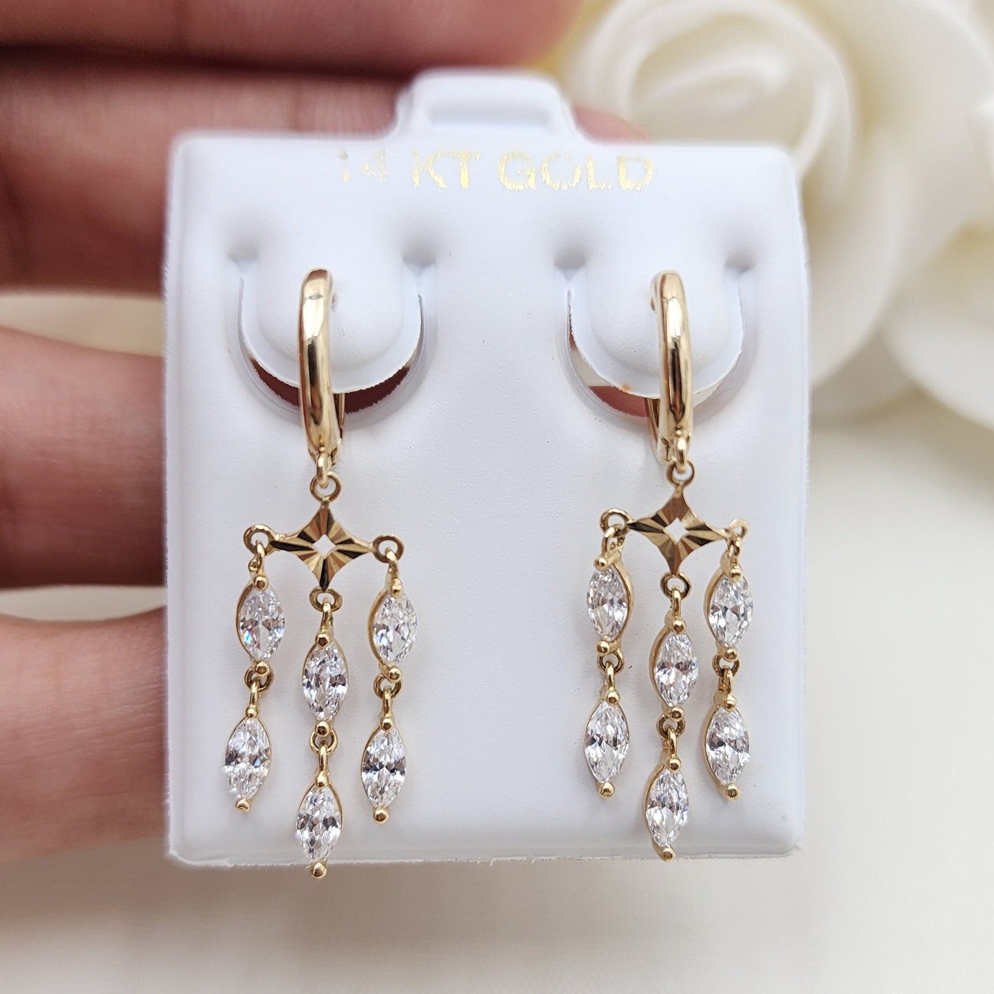 Solid 14k Gold Hanging CZ Huggies Earrings - Real 14k Gold - Modern & Fancy - Marquise